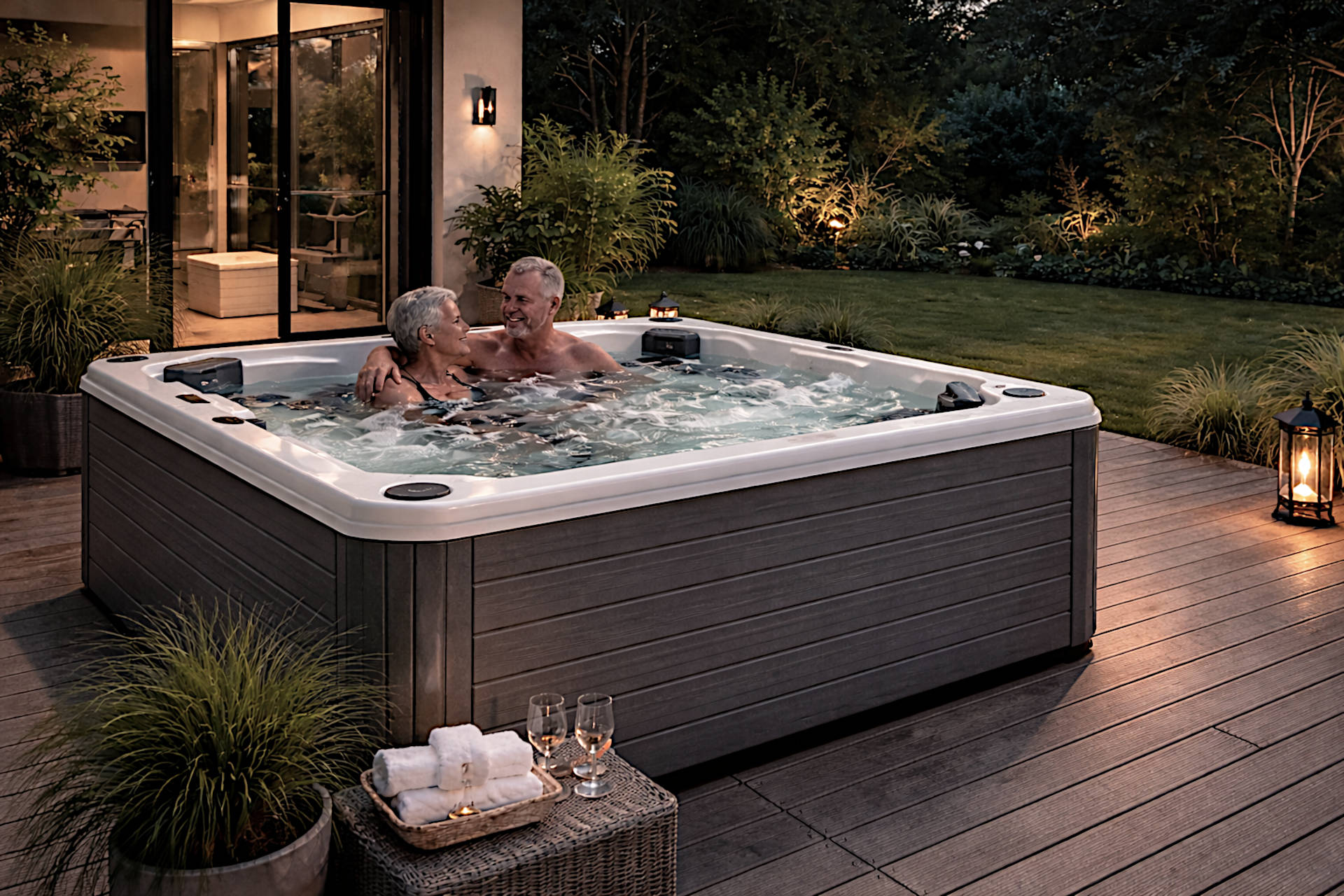 Durabilidad y problemas en los spas Una pareja mayor disfrutando de un baño relajante en un spa hidropmasaje