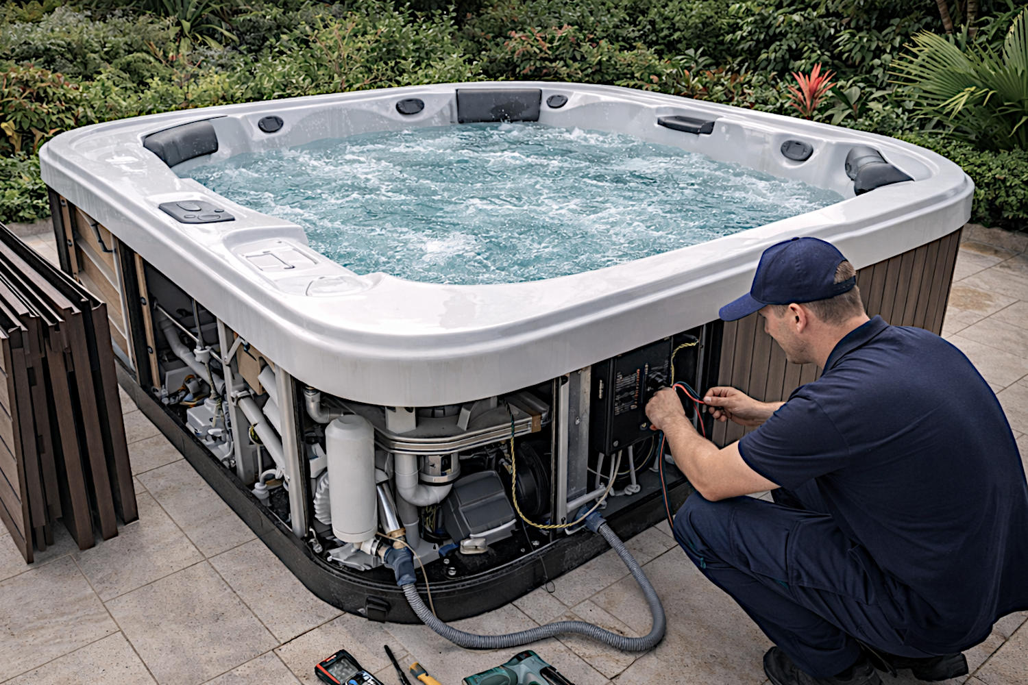 Varias personas sentadas dentro de un spa