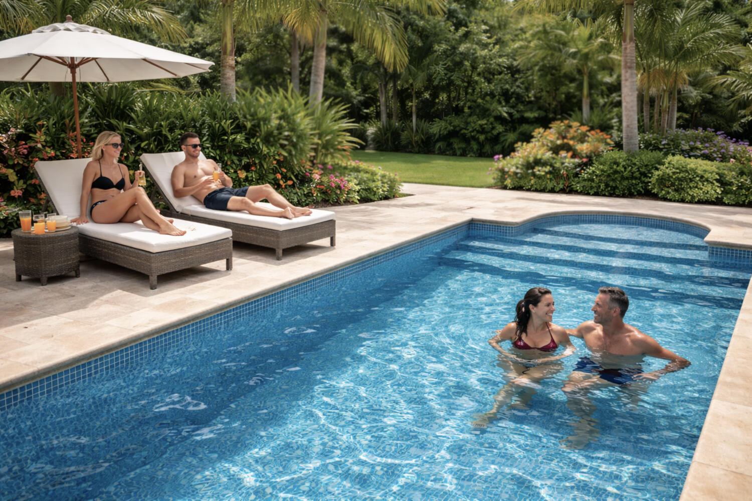 Dos parejas disfrutan de la piscina de obra