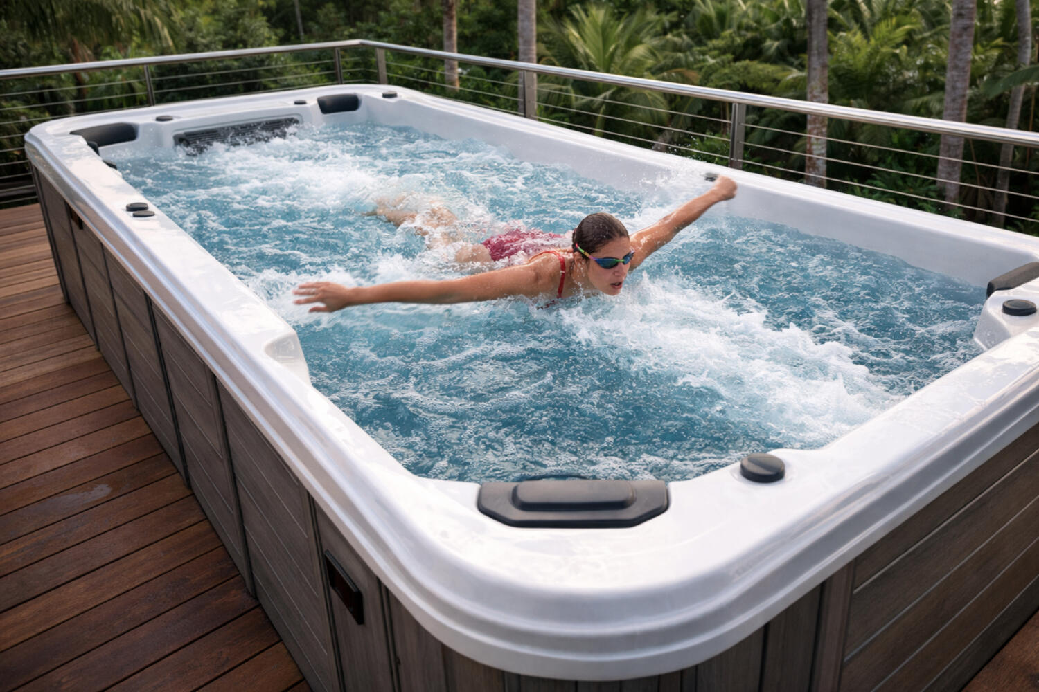 Mujer nadando a contracorriente en un swimspa