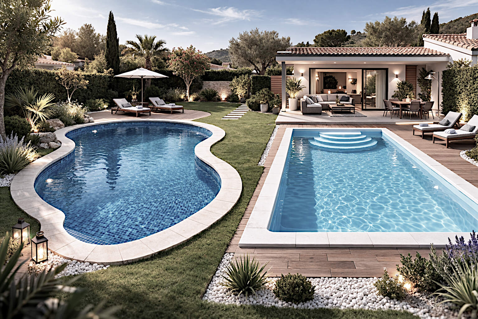 Jardín con piscina de obra a la izquierda y prefabricada a la derecha