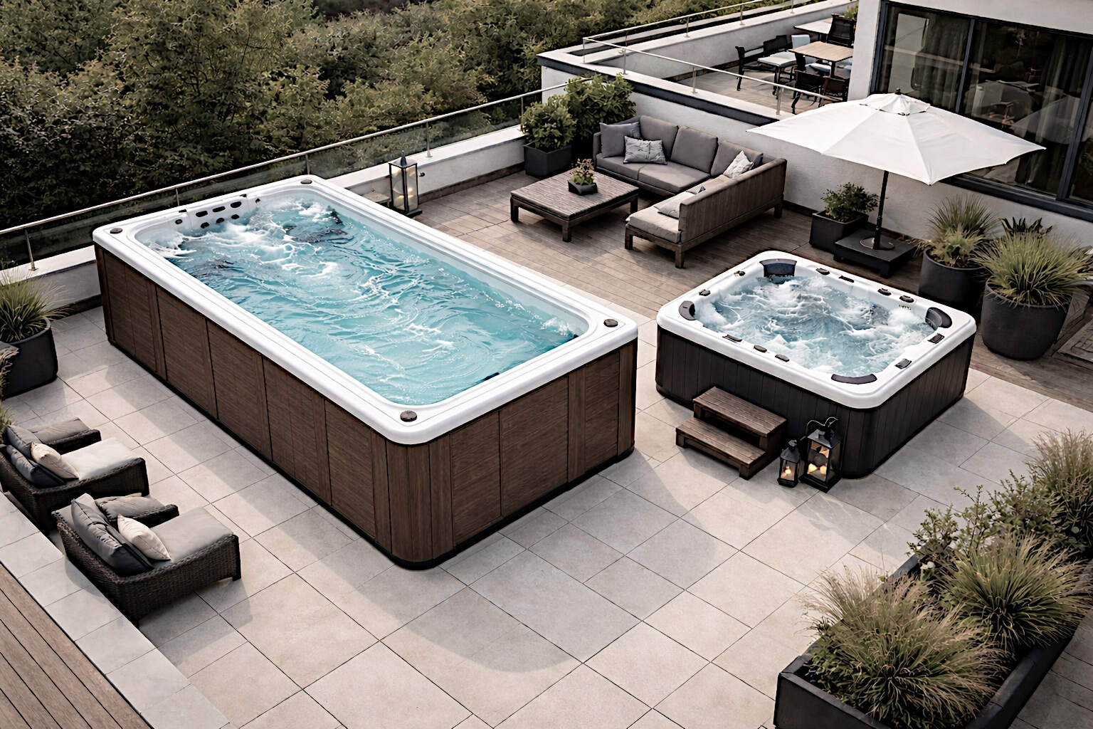Terraza con swimspa y spa sobrepuestos