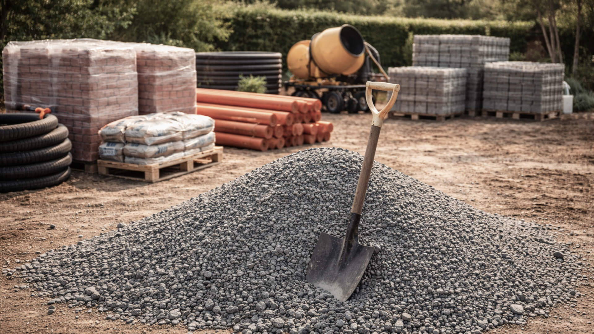 Material de construcción antes de empezar una obra en un jardín