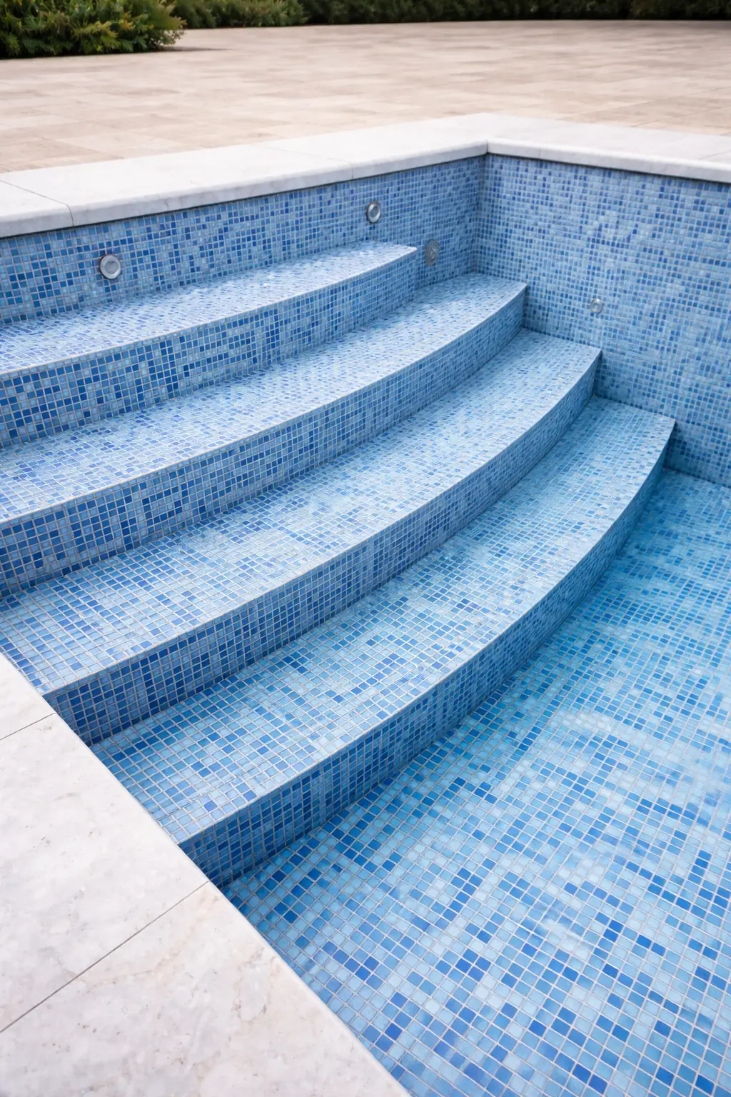 Escaleras de una piscina vacía revestidas con mosaico vítreo o gresite